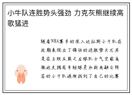 小牛队连胜势头强劲 力克灰熊继续高歌猛进