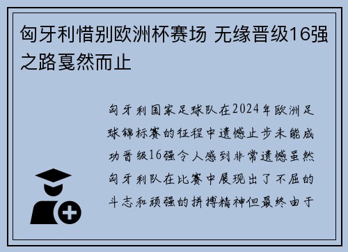 匈牙利惜别欧洲杯赛场 无缘晋级16强之路戛然而止