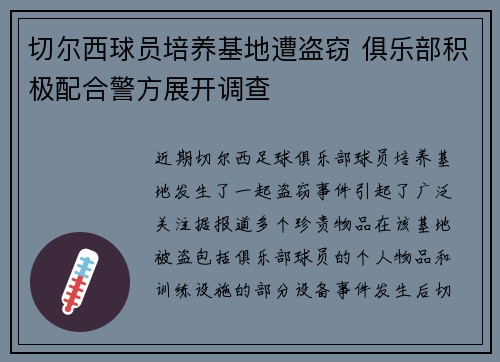 切尔西球员培养基地遭盗窃 俱乐部积极配合警方展开调查