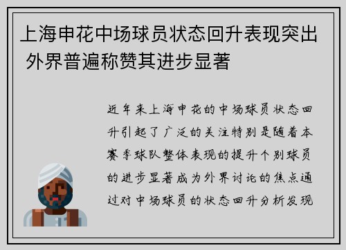 上海申花中场球员状态回升表现突出 外界普遍称赞其进步显著
