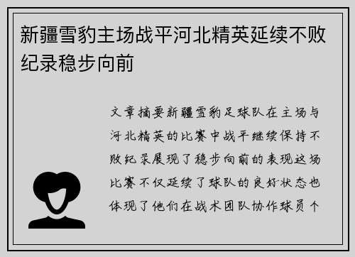新疆雪豹主场战平河北精英延续不败纪录稳步向前