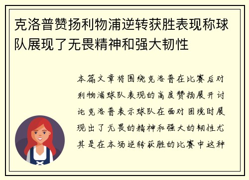 克洛普赞扬利物浦逆转获胜表现称球队展现了无畏精神和强大韧性