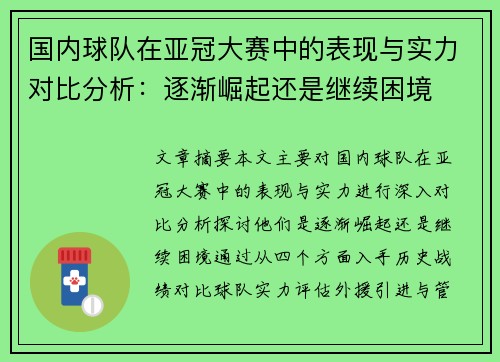 国内球队在亚冠大赛中的表现与实力对比分析：逐渐崛起还是继续困境