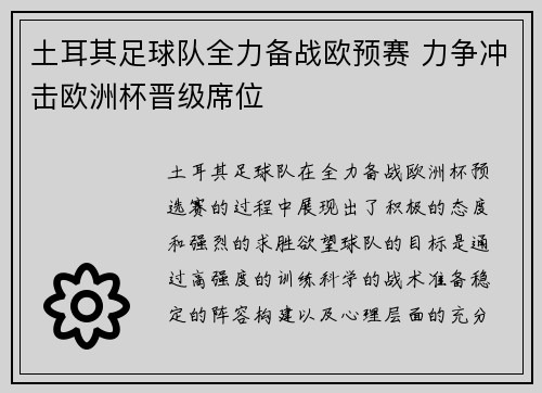土耳其足球队全力备战欧预赛 力争冲击欧洲杯晋级席位