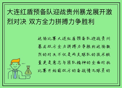 大连红盾预备队迎战贵州暴龙展开激烈对决 双方全力拼搏力争胜利