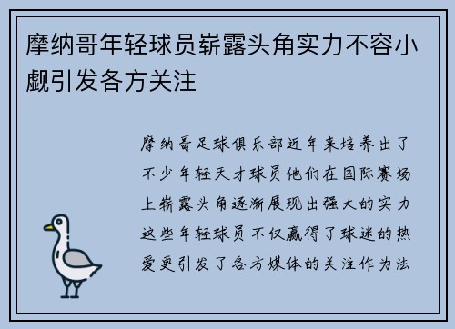 摩纳哥年轻球员崭露头角实力不容小觑引发各方关注