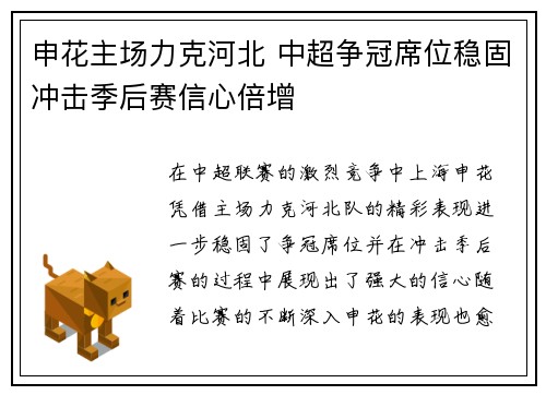 申花主场力克河北 中超争冠席位稳固冲击季后赛信心倍增